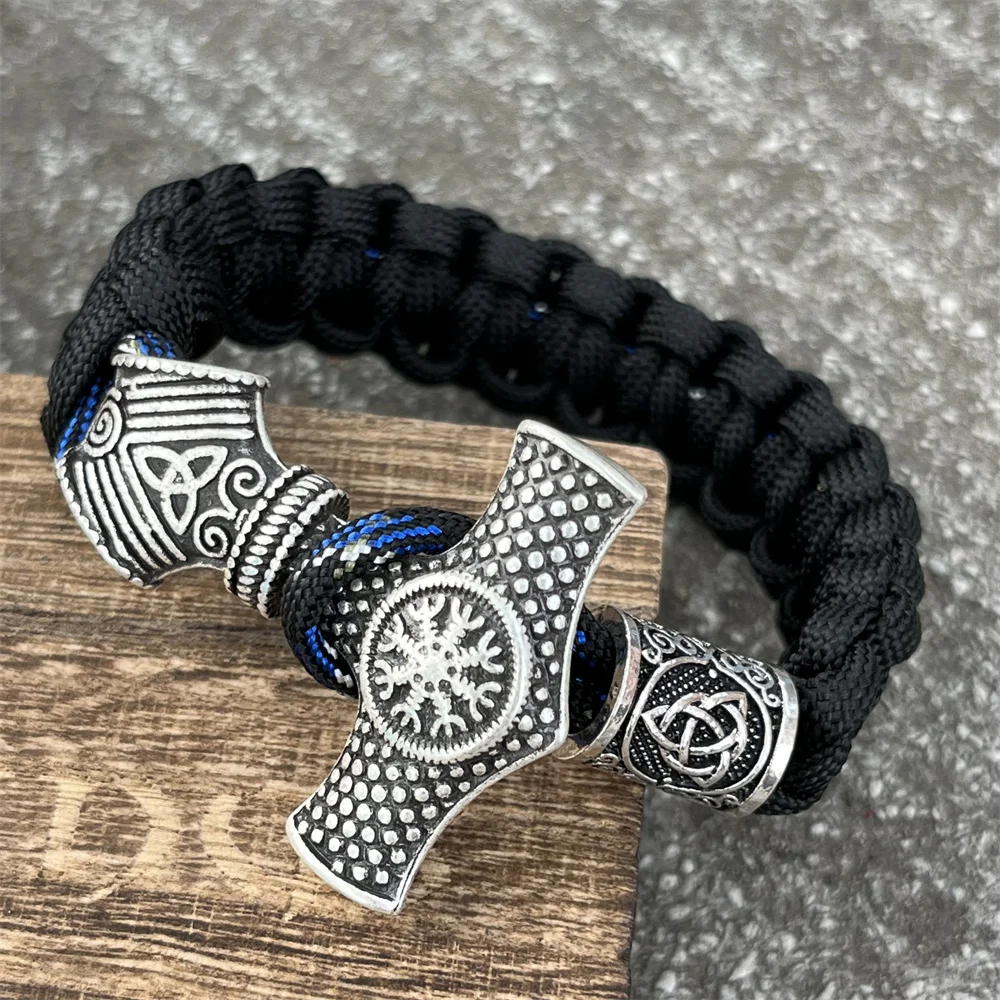 

Viking Thor Hammer Mjolnir Jewelry Wrap Bracelets Mens Womens Paracord Survival Rope Rune Trinity Bead Handmade Wristband Amulet