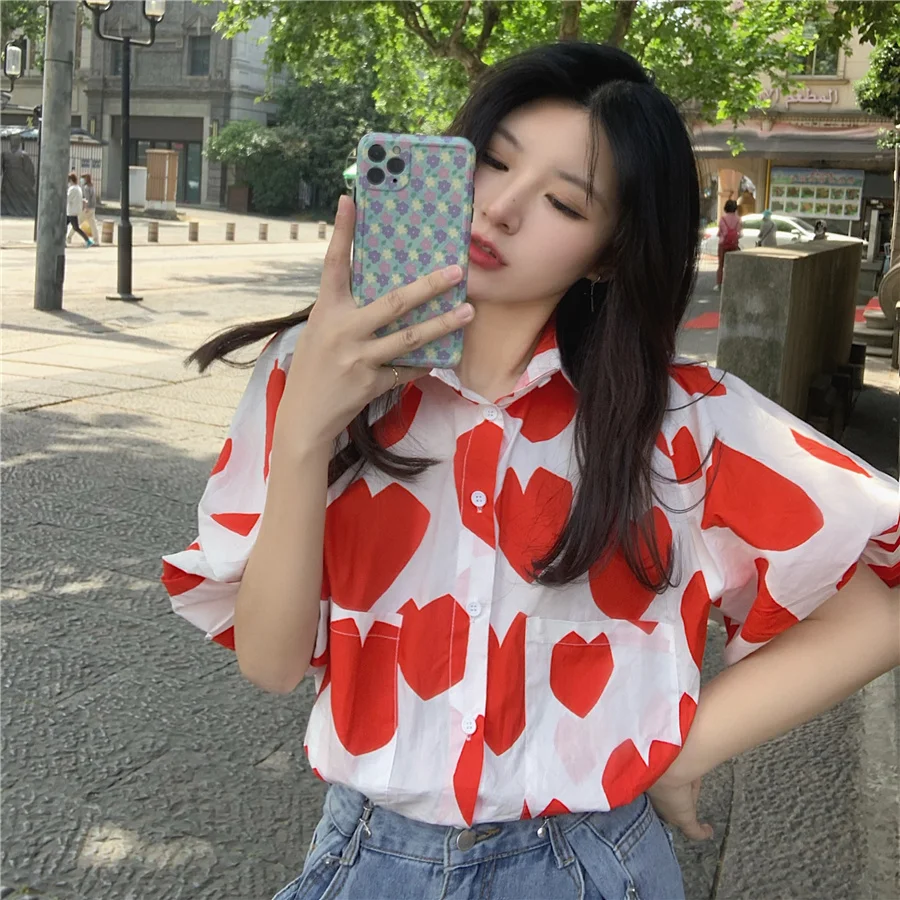 

COIGARSAM Shirt Womens Tops Print Loose Puff Sleeve Turn-down Collar Women Shirts Dropshipping