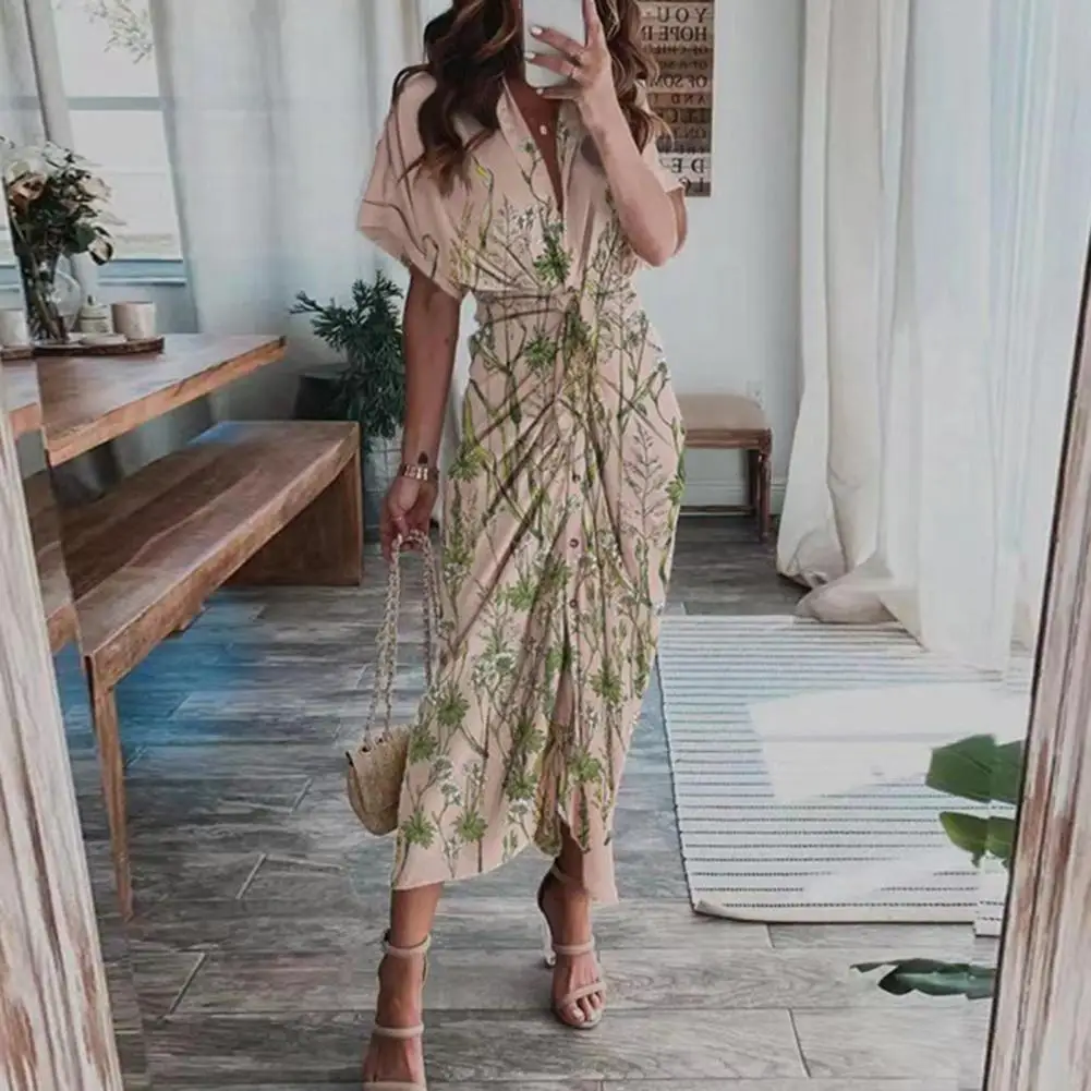 

Stylish Summer Elegant Flower Pattern Print Ruched Dress Single-Breasted Lady Dress Waist Tight Female Clothing