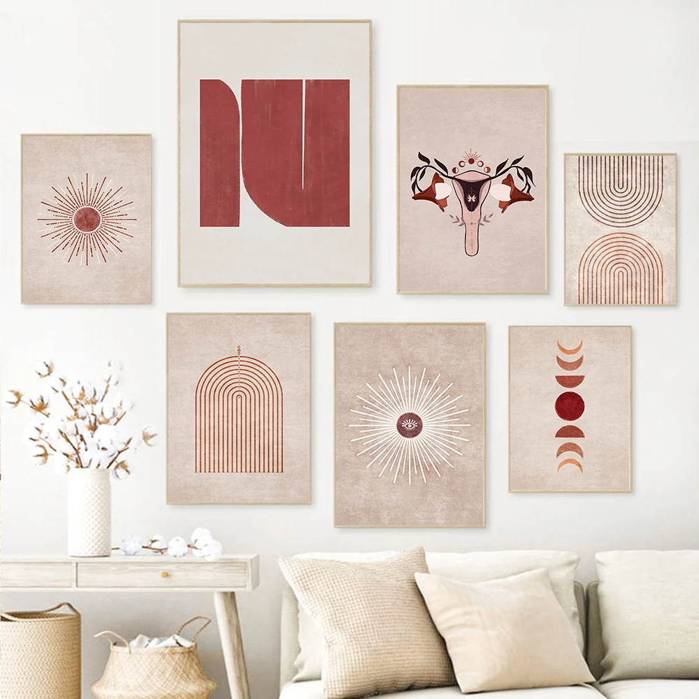 

Sun Moon Phases Abstract Retro Rainbow Gate Art Painting Canvas Female Reproductive Organs Uterus Poster Print Room Home Decor
