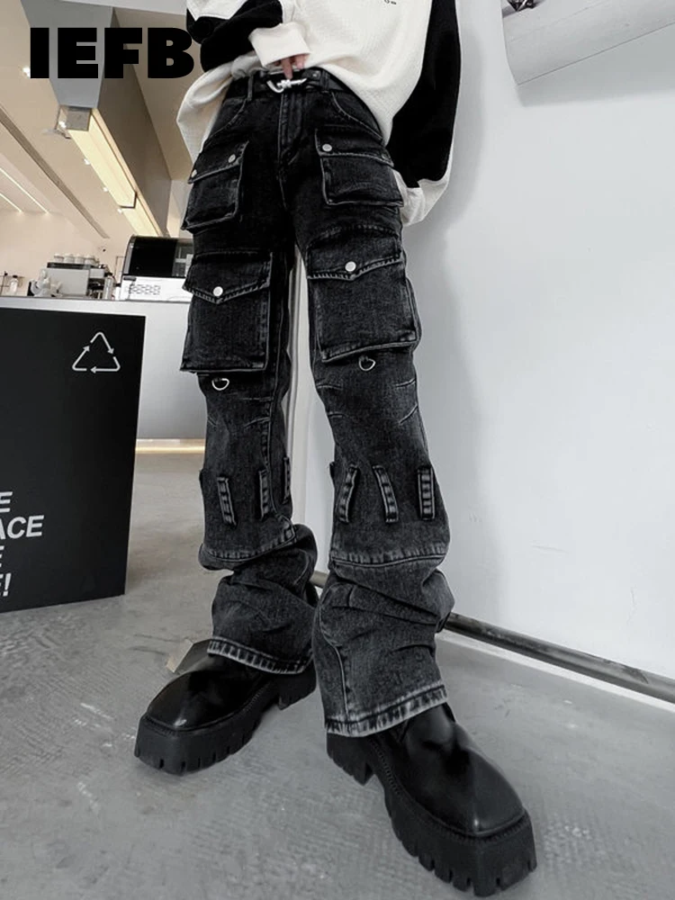 

IEFB Men Trousers 2023 Autumn Solid Color Multi Pocket Metal Buckle Decoration Jeans Darkwear Male Cargo Pants Vintage