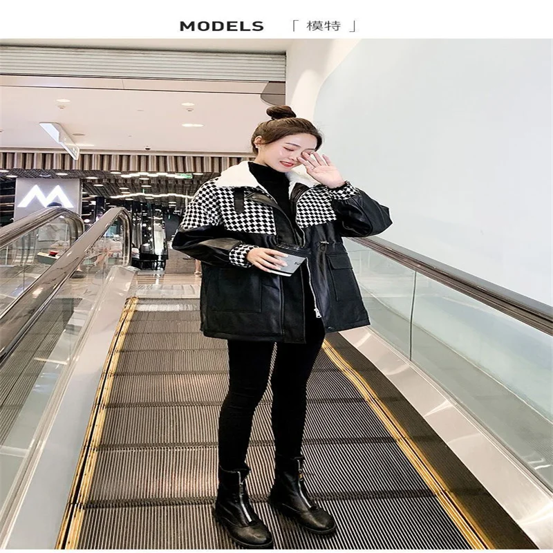 Sheepskin PU Leathe Down Jacket Female Winter 2023 Oversize New In Outerwear Checkerboard Women  Zipper Casual Plush Hooded