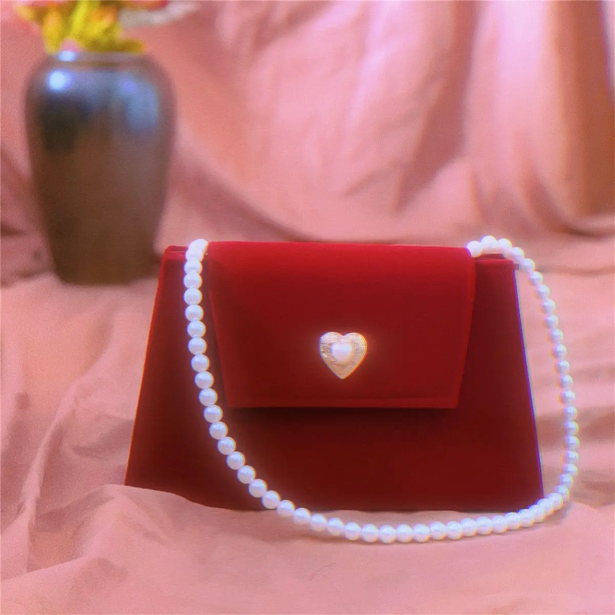 

Vintage Velvet Women Handbags Pearl Chain Ladies Small Shoulder Bags Flap Solid Color Female Crossbody Bags Party Clutch Purse