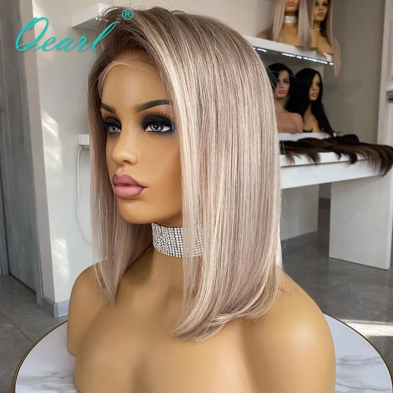 Highlights Ash Brown Light Blonde Real Human Hair Lace Wigs Short Bob Lace Frontal Wig for Women Free Part Pre Plucked Qearl
