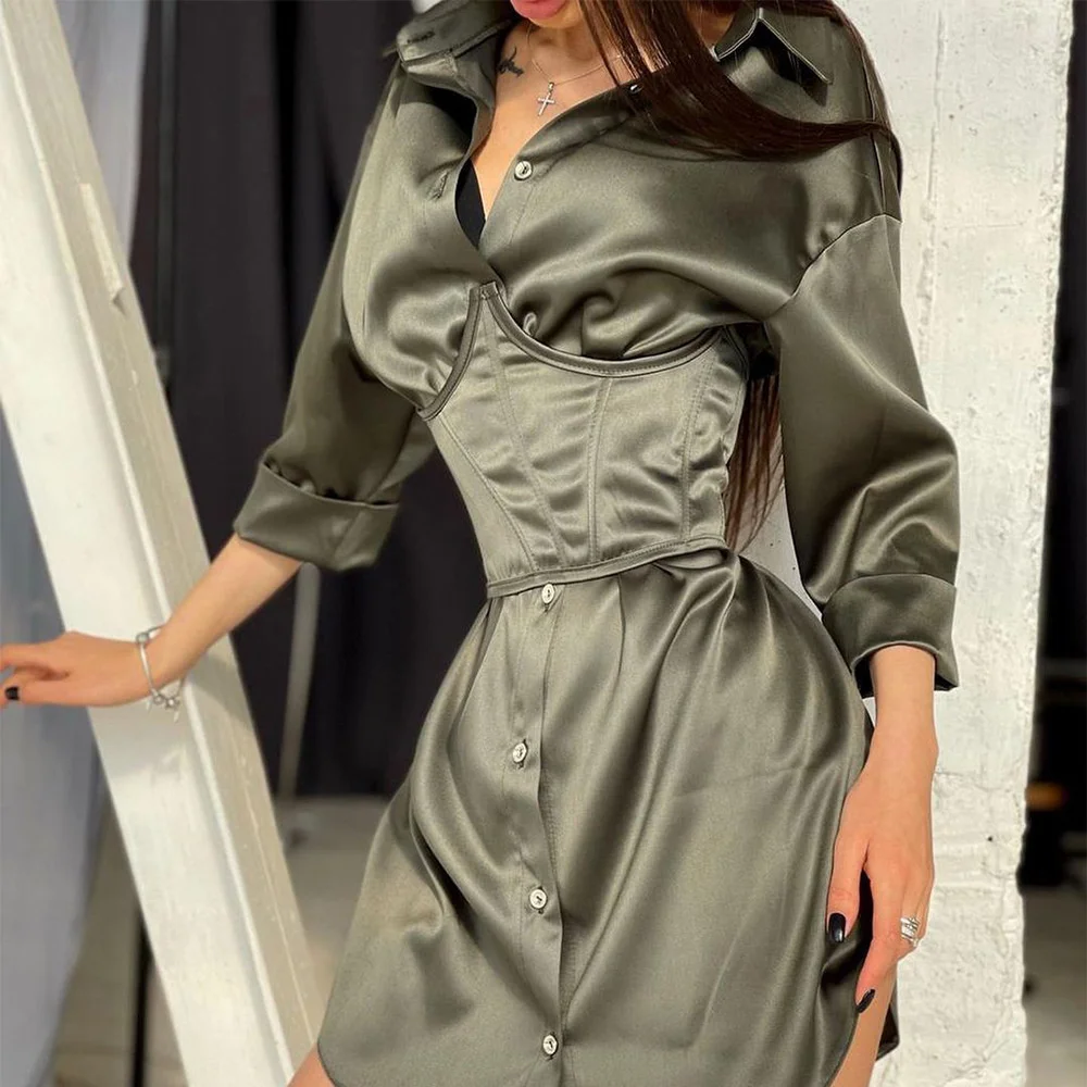

Cutubly Dresses Autumn Mini Vestidos 2 Two Piece Set Lapel Suit Short Skirt With Belt Elastic Long Sleeve Shirt French Elegant