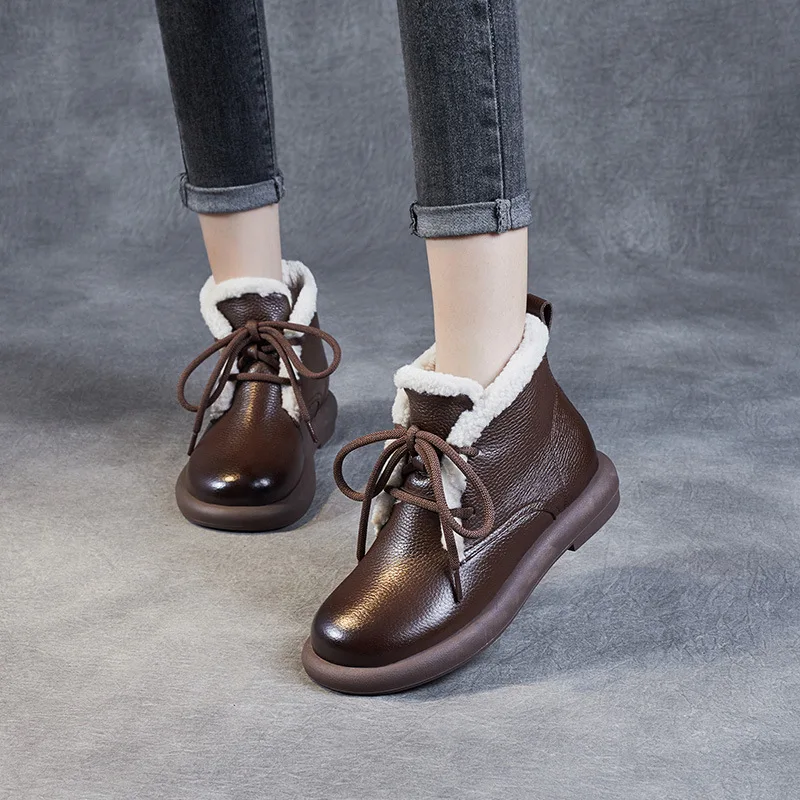 

Lamb Fur Snow Boots Women's Winter Fur Toe Layer Cowhide Lace up Personality Characteristic Short Boots Anti slip Foreign Style
