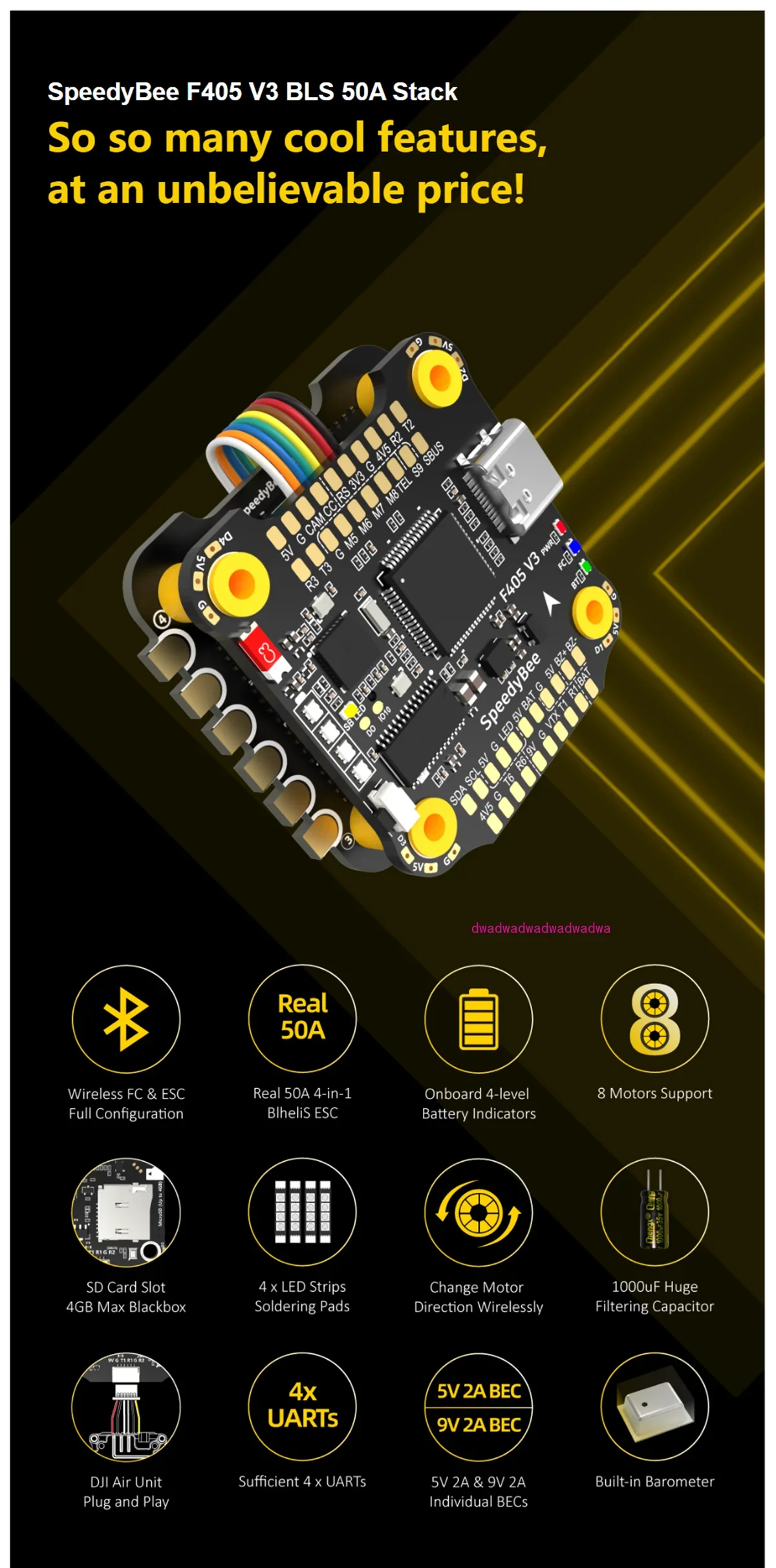 F405 V3 BLS 50A 30x30 FC&ampESC Stack with GPS Wireless 8 motors 4 LED Strips SD Card Slot 4GB 1000uF Capatipor