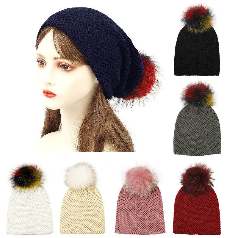 Women Spring Autumn Winter New Skullies Beanies Hat Lady Fashion Knitted Hollow Casual Bone Soft Cap With Raccoon Fur Pompom