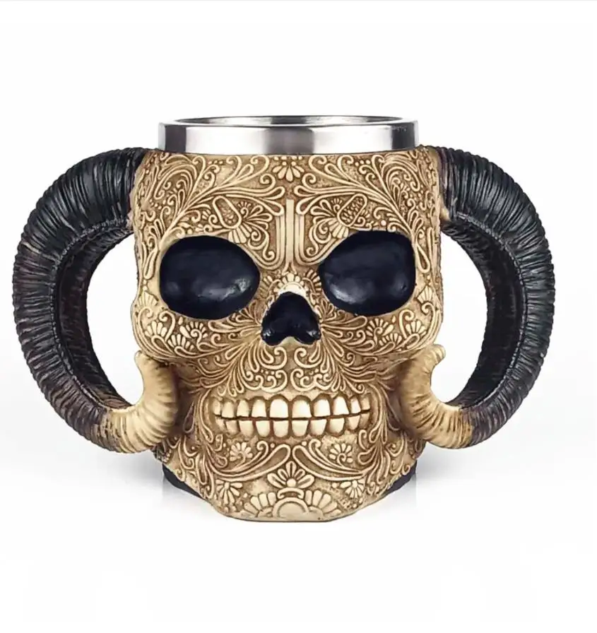 

Кружка с черепом из нержавеющей стали, викингов, смерти, мрачный жнец с ручкой огненного дракона, козий рог, готический дизайн, кофейные пивн...