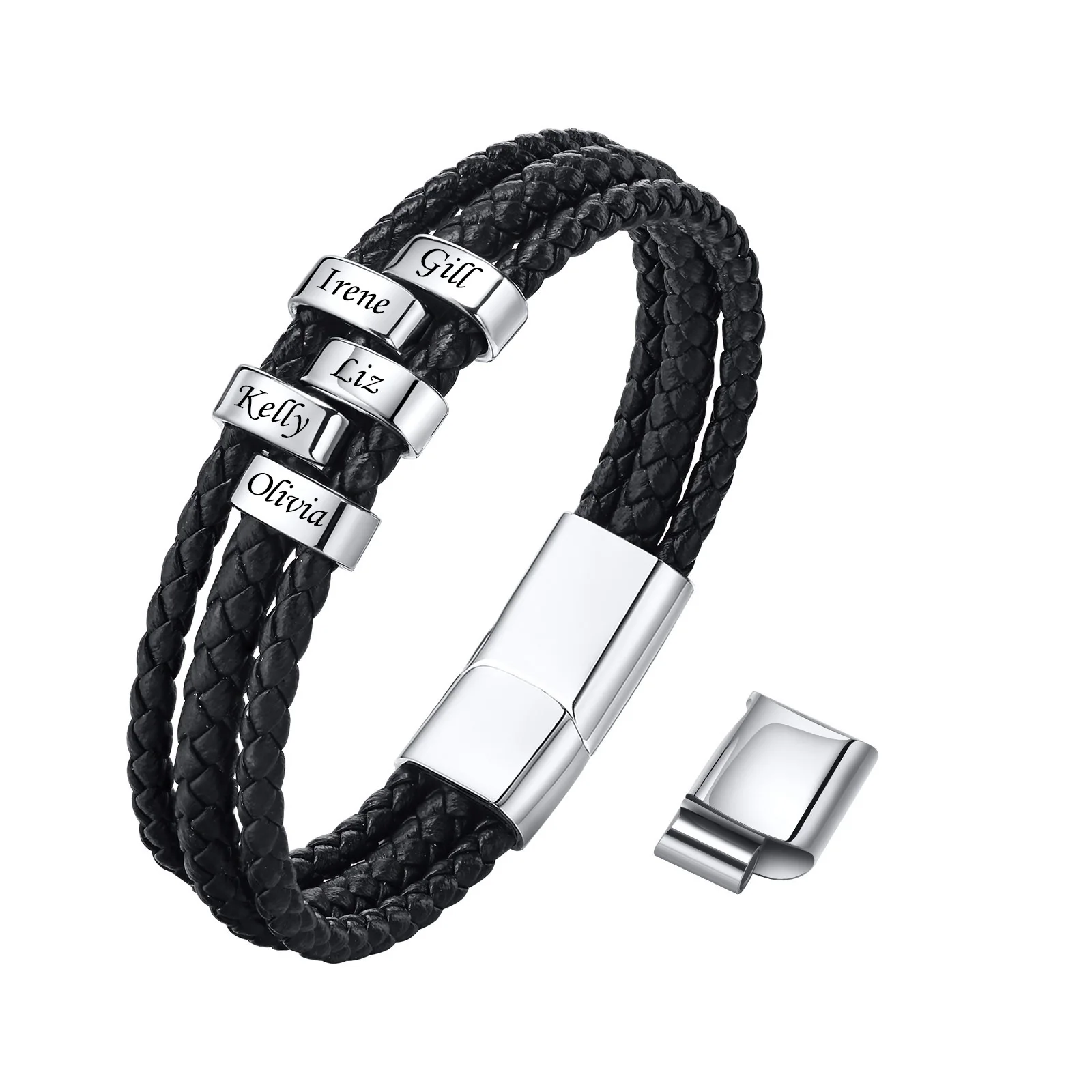 

Personalized Bracelet for Men with Name Custom Leather Bracelet for Men Engraved 2-8 Name Beads Braid Leather Bracelet