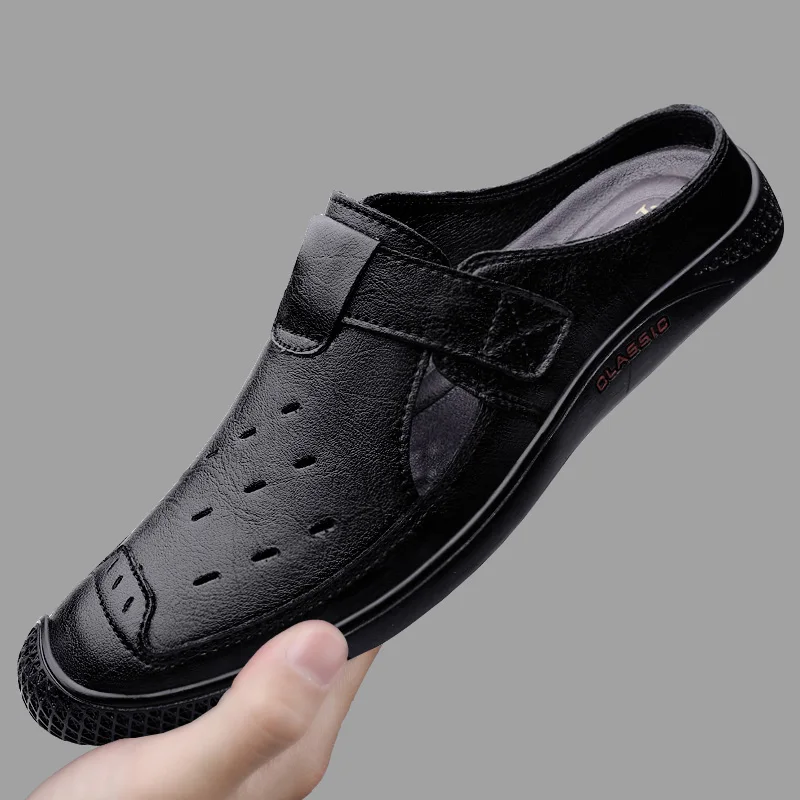 

Man Summer Fashion Handsewn Cow Leather Casual Sandals Male Breathable Half Loafer Slippers Leather Comfy Flat Half Mocassins