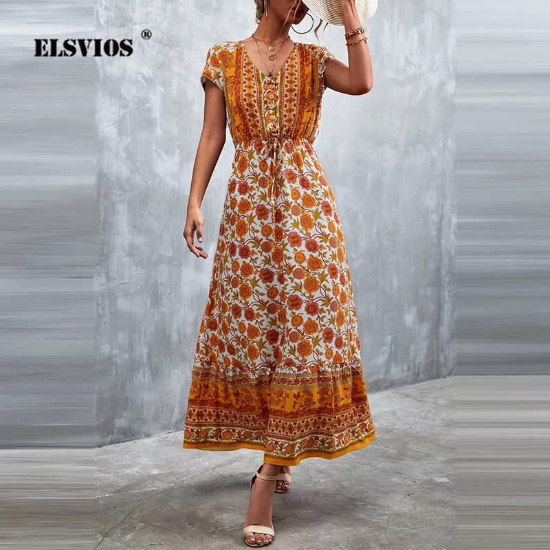 

Fashion Boho Floral Print Long Dresses Summer Women Casual Button V Neck Lace-Up Dress Lady Elegant Short Sleeve A-Line Vestidos