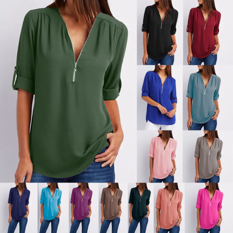 

S-5XL Ladies Loose Chiffon Shirt Multi Colors V-Neck Zipper Long-Sleeved Casual Basic White Black Blouse Shirt Tops Plus Size#