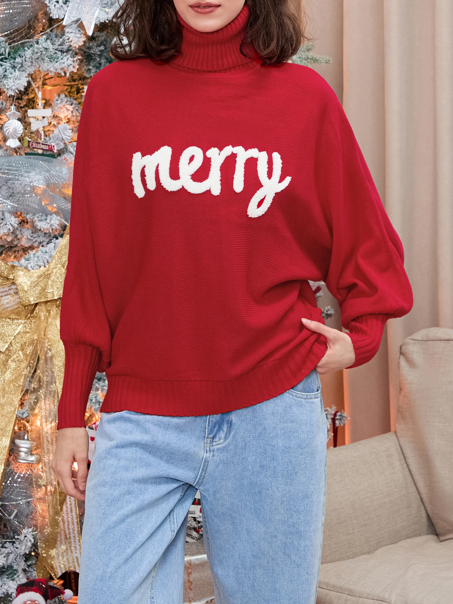 Женские рождественские свитера с длинным рукавом водолазка вышивкой букв