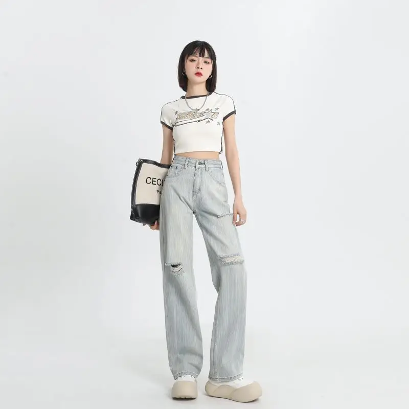 Женские рваные джинсы HYS в Serenade из белого хлопка и полиэстера с пуговицами