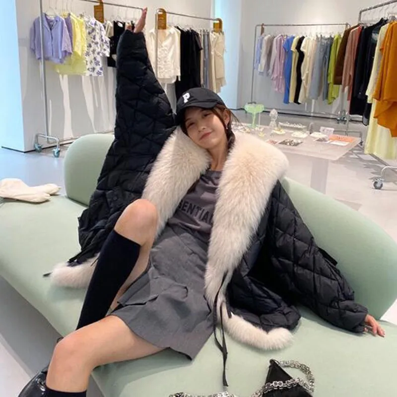 Роскошные длинные пальто с лисьим меховым воротником женские зимние мягкие