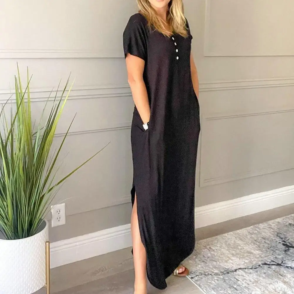 

Женское платье с карманами, Летнее Длинное Платье-футболка с Боковым Разрезом, удобное женское платье для отдыха