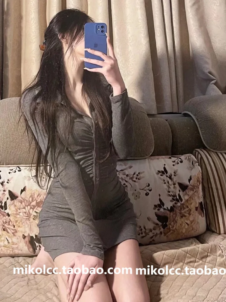 

V-neck WOMENGAGA Long Sleeve Fold Button Slim Hip Mini Dress Shirt Short Spring Women Korean Chic Fahsion Sexy Hot Tops G5U2