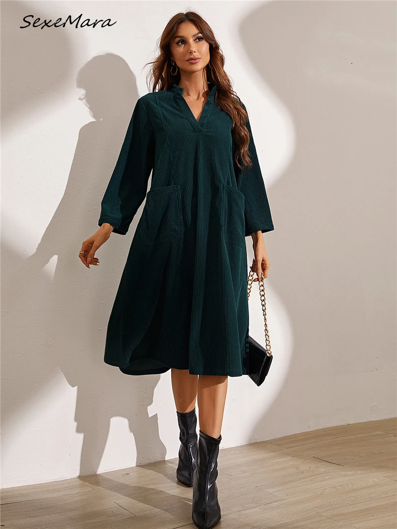 

Pockets Korean Fashion Corduroy Dress Women Casual Clothing Long Sleeve Green Dress
