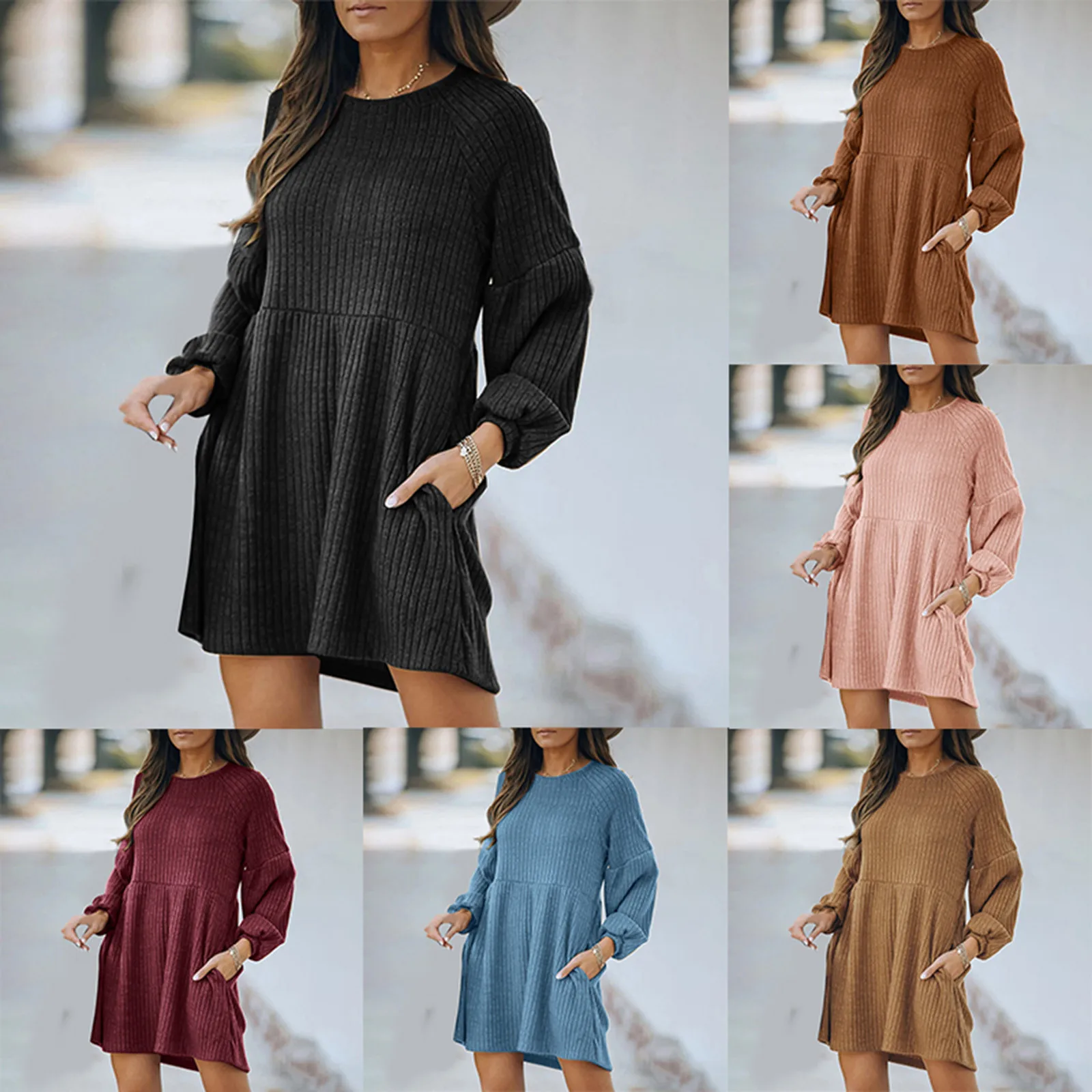 

Ladies Round Neck Long Sleeve Dress Solid Color Knit Pocket Casual Dress Women Fitted Dresses