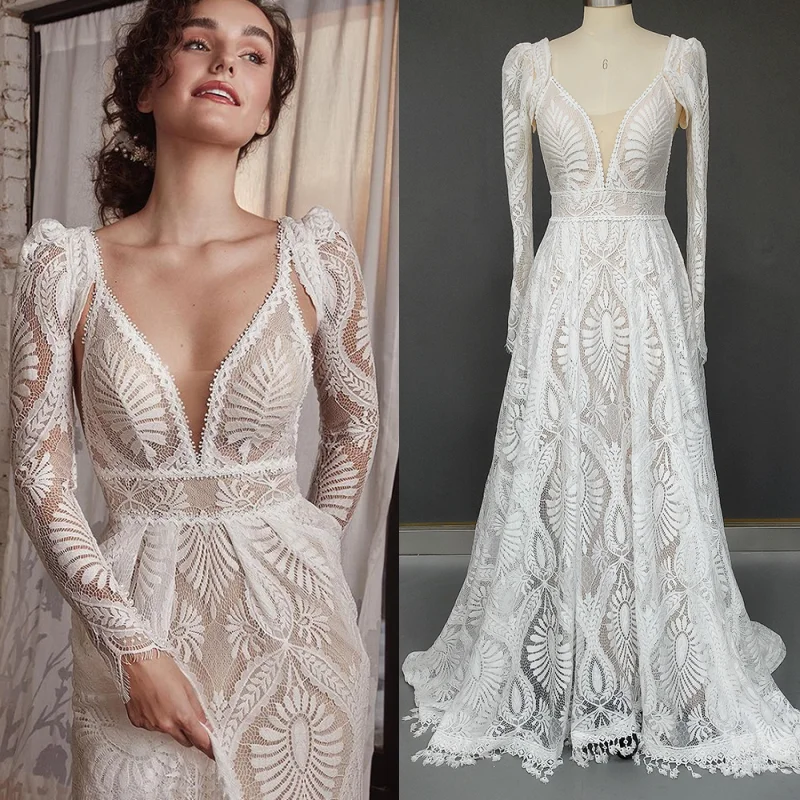 

2022 Real Photos Spaghetti Strap Lace Bohemian Deep V-Neck Open Back Illusion Wedding Dress Wedding Bridal Gown свадебный наряд