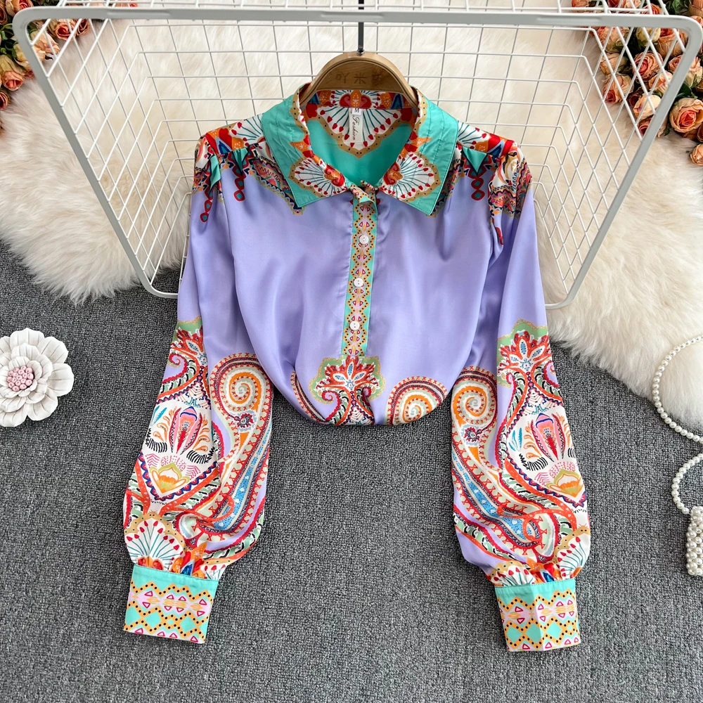 

Женская свободная рубашка с цветочным принтом и длинным рукавом-фонариком