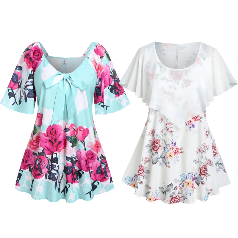 

2022 New Ruffled Overlay Tees Bowknot Floral Butterfly Printed Short Sleeve A Line Skirted T-Shirts Casual Tops 5X Women Blouses