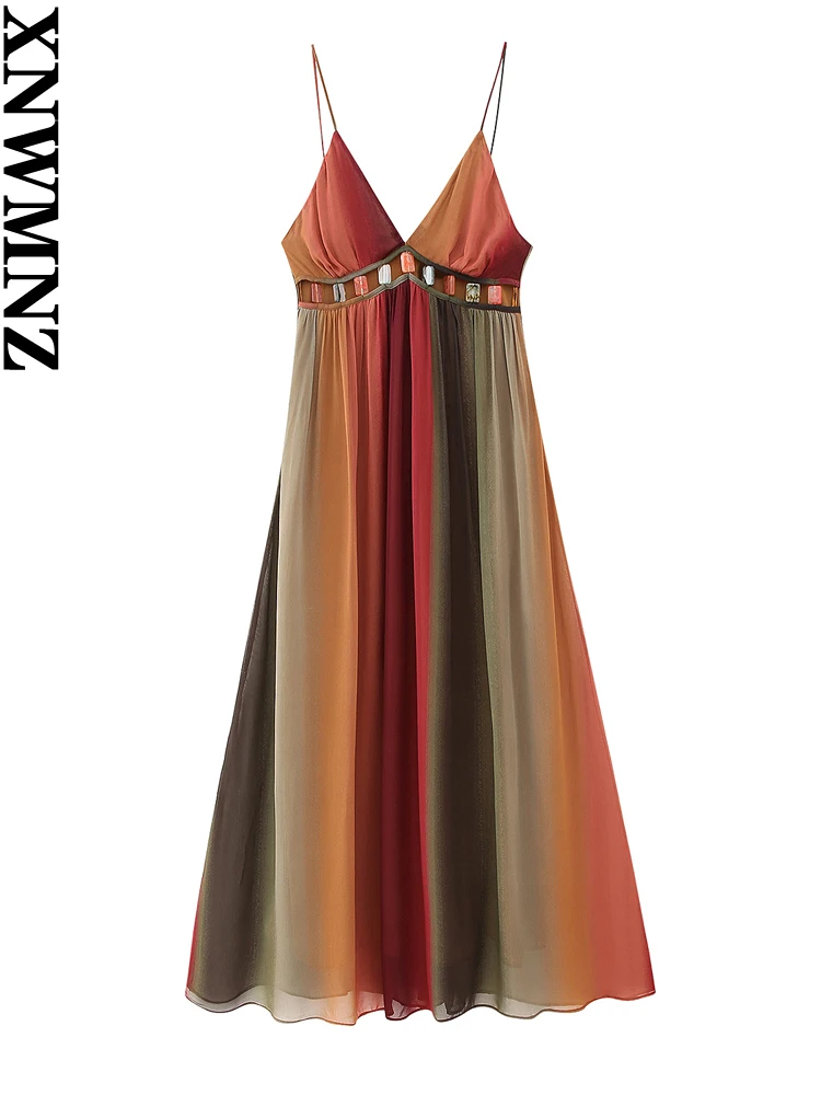 

XNWMNZ Women's Fashion 2023 Stone Midi dress Women Party Style V-Neck Thin Straps Backless Female Chic Dresses