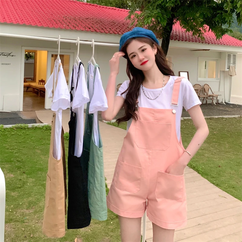 

Candy Color Jumpsuits Women Suspenders Shorts Pocket Loose Sleeveless Rompers With Free Tee Lady 2023 Summer Overalls Shorts