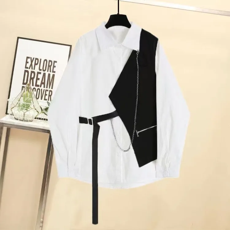 Белые рубашки с лацканами и длинными рукавами женские свободные средней длины