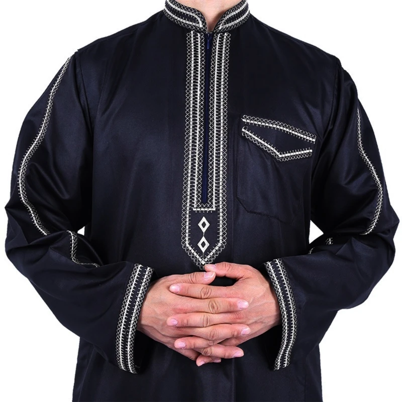 Fashion Men's Thobe Ethnic Style Shirt Ramadan Gown Moroccan Robe Long Sleeve