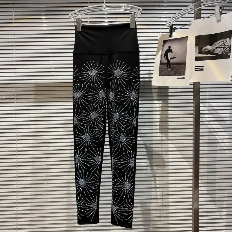 2022 New Spring Autumn Woman Basic Pants Stretch Tight High Waist Yoga Leggings Blingbling Hot Drilling Fireworks Slim Legging
