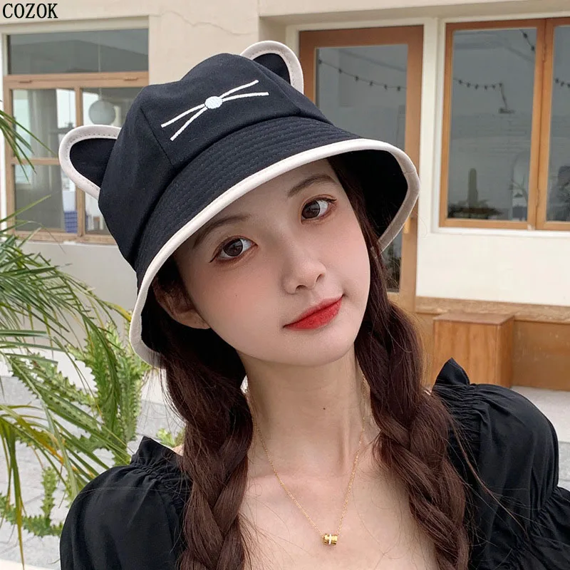 Summer Women Cute Cat Ears Cap Sun Protection Bucket Hat Beach Fashion Deportes Y Ocio Cute Fascinator Chapeau Femme Touca Gorro