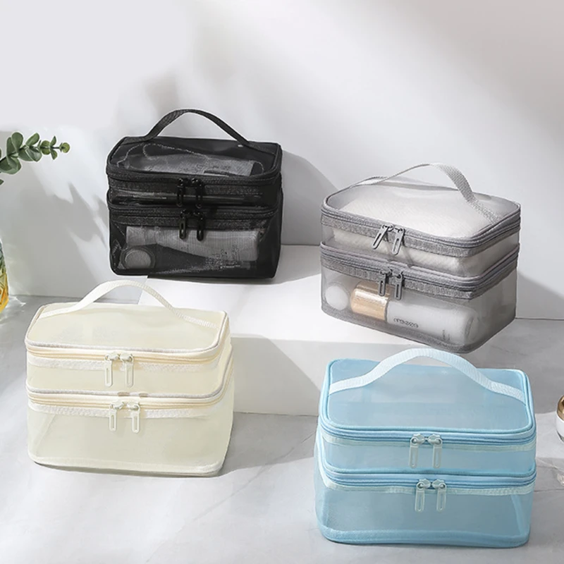 

Travel Cosmetic Bag Transparent Mesh Pouch Double Layer Makeup Handbag Women'S Portable Travel Bag Toiletries Kit Organizer