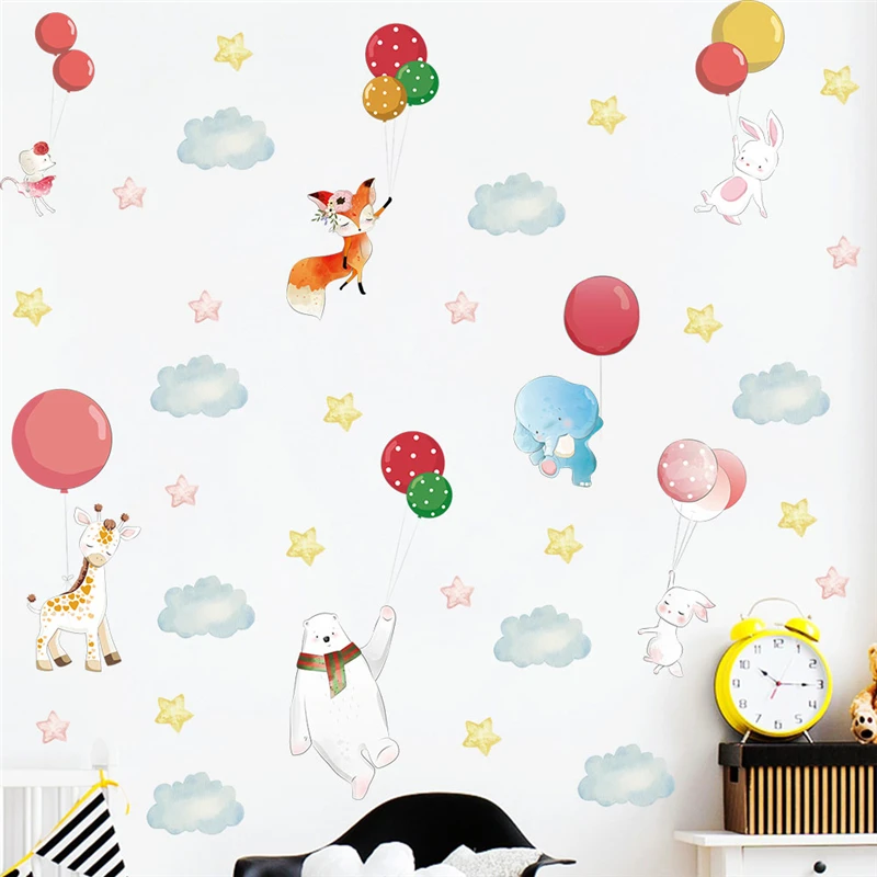 

Мультфильм Жираф лиса кролик воздушный шар планшетофон наклейки на стену для украшения дома животные роспись искусство Сделай Сам детская спальня наклейки ПВХ постер