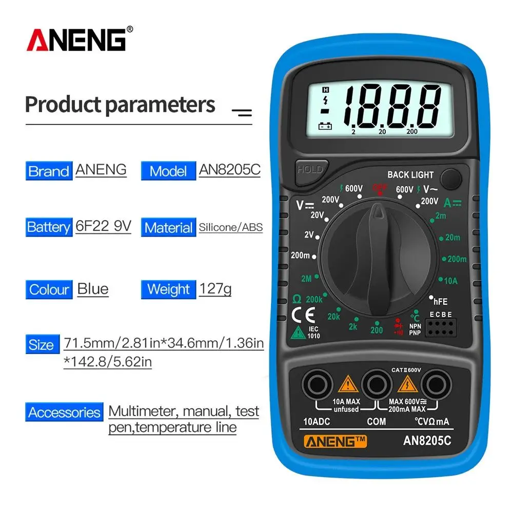 

Portable High Precision With Thermocouple AC/DC Ammeter Digital Smart Multimeter Digital Display Volt Ohm Tester