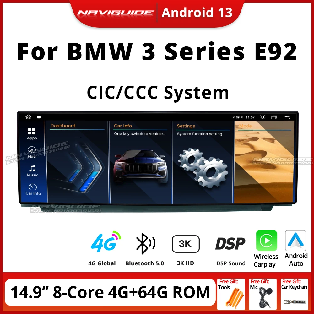 NAVIGUIDE Android 14 0 9 дюймов 2560*720P для BMW 3 серии E92 2003-2010 CIC CCC Система Автомобильный