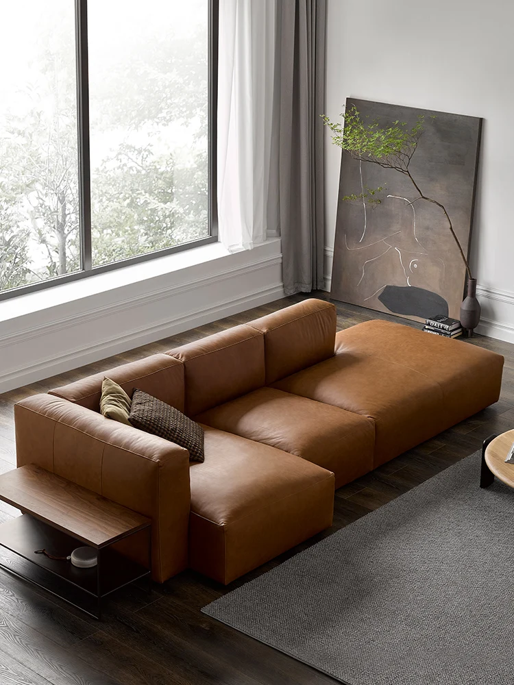 

all-leather geometric sofa, first floor, cowhide living room corner, noble Nordic luxury designer