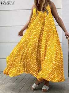 Elegant Dress For Women ZANZEA Bohemian Print Midi Robe 2022 Summer Casual Holiday Swing A Line Vestido Oversize V Neck Dresses