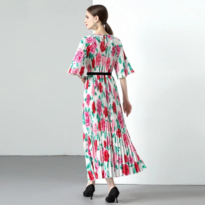 Женское плиссированное платье с круглым вырезом универсальное свободное