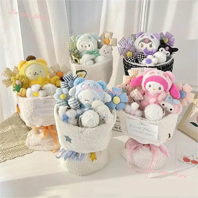 

Kawaii Sanrioed My Melody Kuromi Cinnamoroll Pom Pom Purin Pochacco Doll Bouquet Cartoon Plush Doll Flower Kids Toys Girls Gift