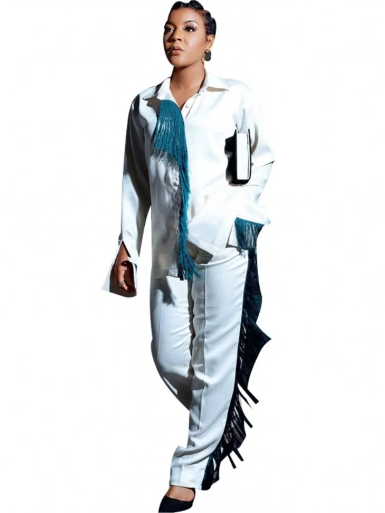 

2 Piece Set African Clothes Women With Tassel Shirt Tops And Pants Suits Autumn New Fashion Bazin Riche Dashiki African Outfits