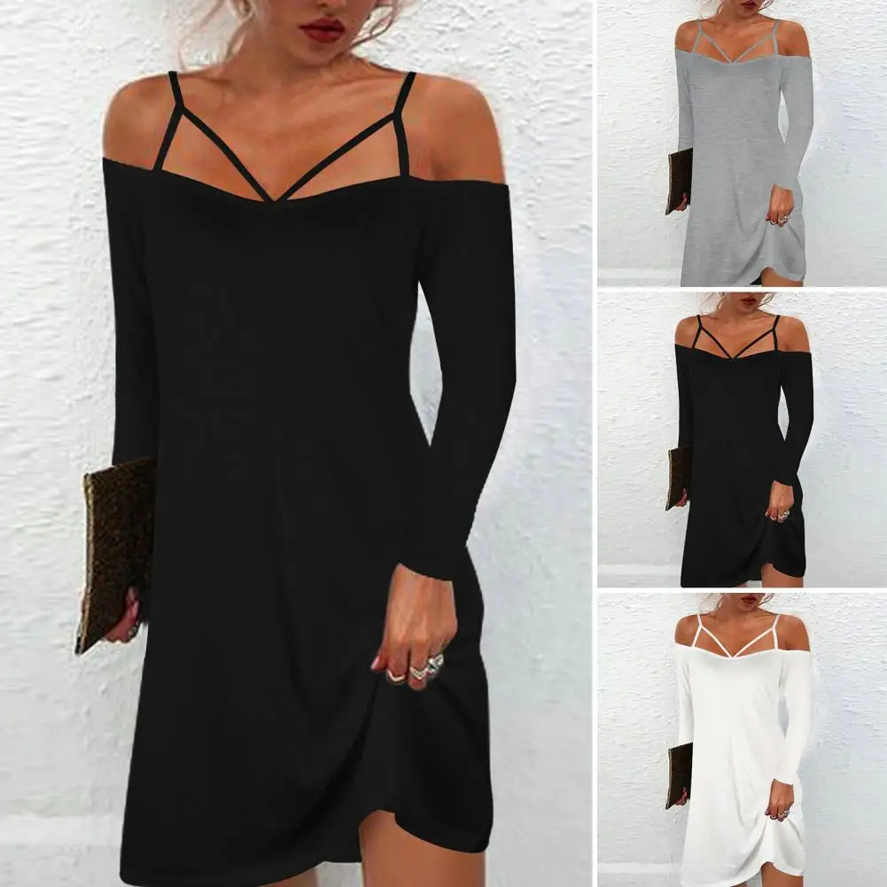 

Charming Autumn Dress Loose Hem Skin-touching Women Dress Fashion Sling Long Sleeve Short Dress