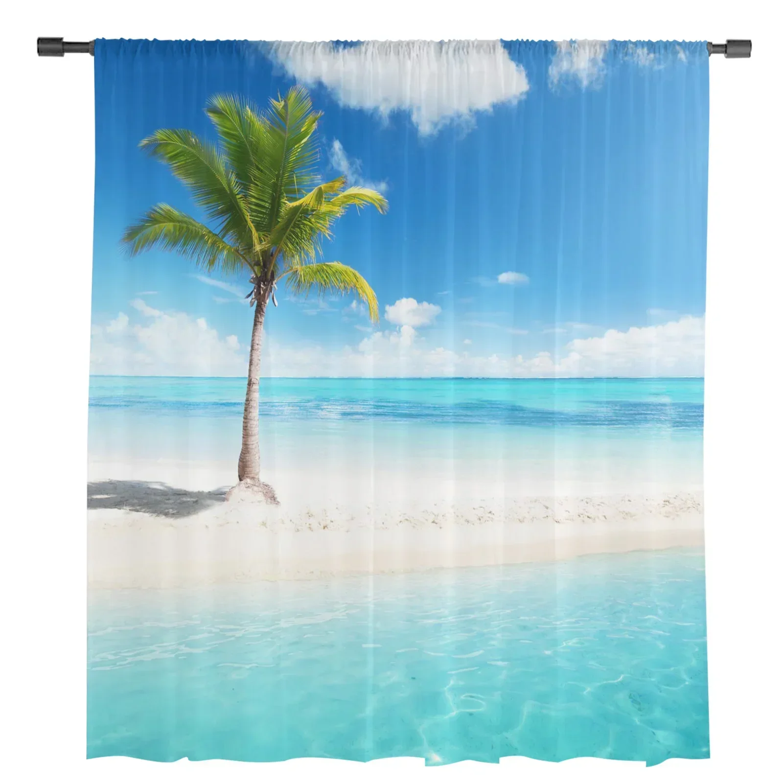 Пальма море пляж голубое небо белые облака тюлевые прозрачные шторы для гостиной
