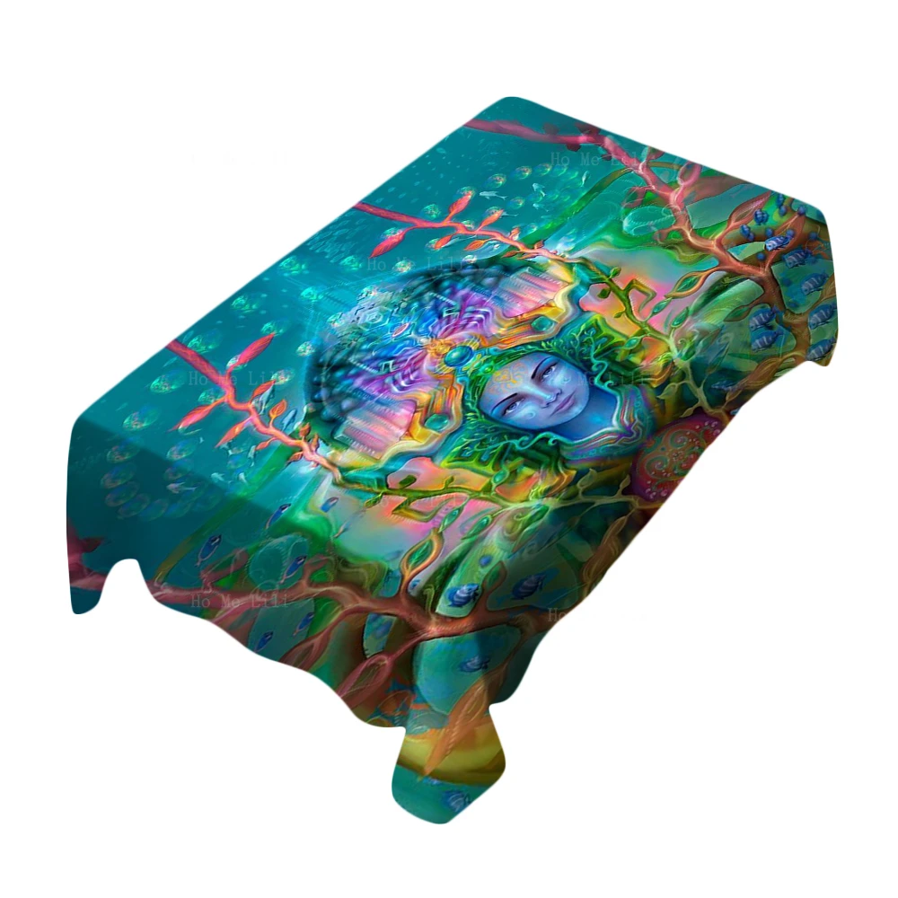 

Mother Earth Sacred Woman Fish Goddess Love Tarot Cards Lady With A Fan Psychedelic Tablecloth By Ho Me Lili Tabletop Decor