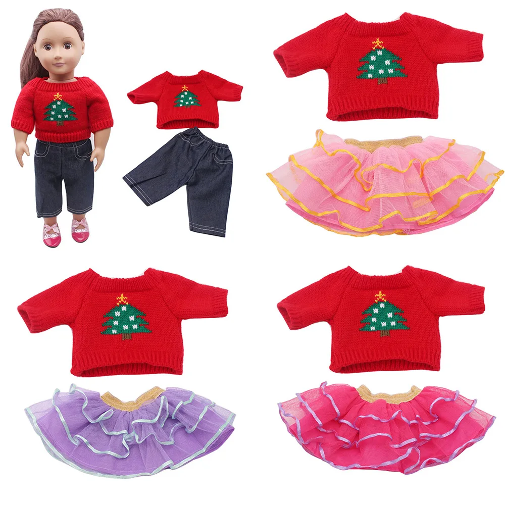 18Inch and 43Cm baby dolls, Red Christmas Tree Top Blue Pants, Tricolor Gauze Skirt Accessories Girls Toys Christmas Gifts