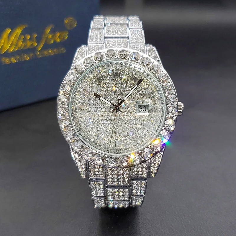 Luxury Men Watch Bling Bling Big Diamond Quartz Watches Male Hip Hop Rock Stylish Waterproof Calendar Wristwatches Droshipping