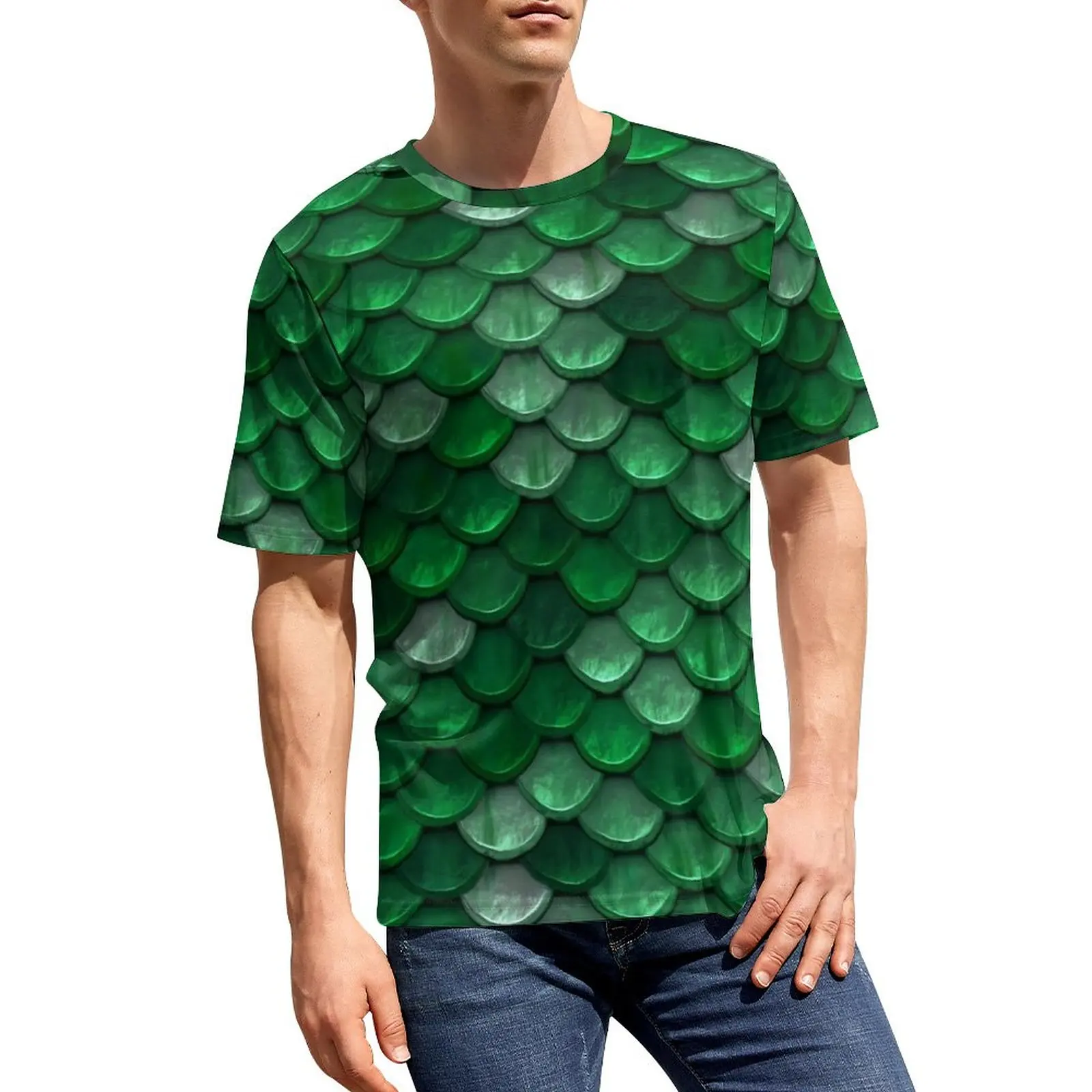 Green Mermaids T-Shirt Fish Scales Print Men Novelty T Shirts Original Graphic Tee Shirt Short-Sleeved Casual Tops Birthday Gift