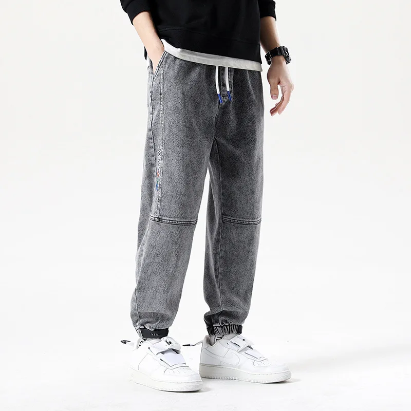 Men's jeans fat elastic lace-up plus fat plus size tie-in loose pants casual straight pants tide brand