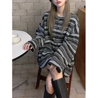 autumn and winter new round neck striped casual knitted cardigan women korean preppy style loose all match sweater
